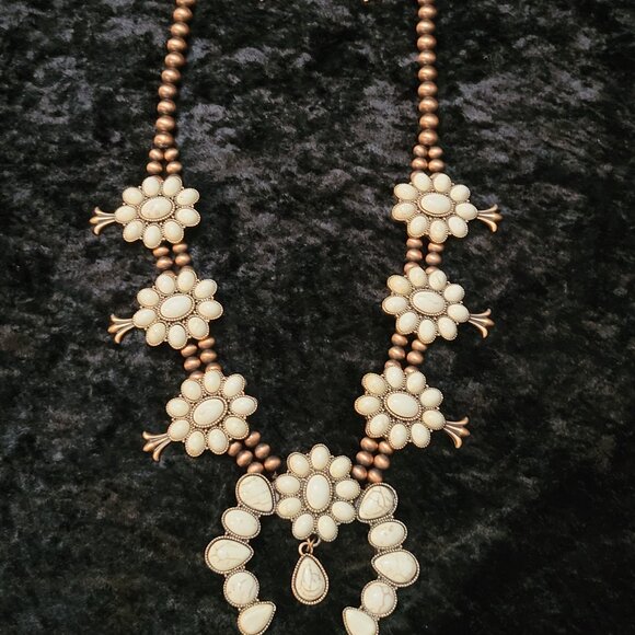 Faux White Turquoise Squash Blossom Necklace and Earring Set - Picture 1 of 5